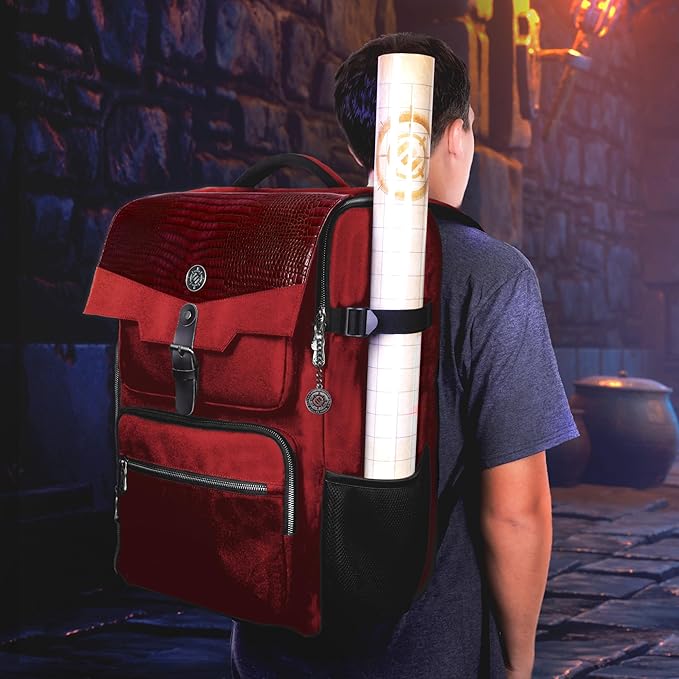 ENHANCE Collector's Edition DnD Backpack - RPG DM Bag for Dungeons and Dragons - DnD Bag fits 6-8 Books, 18" Laptop/DM Screen Slot, Miniature Foam Trays, Accessory Pockets, Map Strap (Dragon Red)