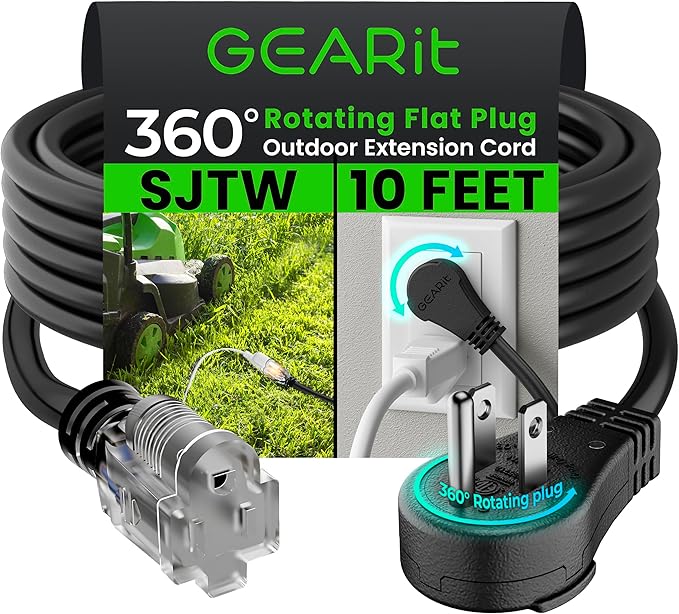 GEARit 10 Ft Extension Cords 16/3 Gauge 360° Rotating Plug Outdoor/Indoor SJTW 16 AWG 3 Prong Heavy Duty Power Cable 13A 125V 1625W for Lawn, Garden, Appliances Black