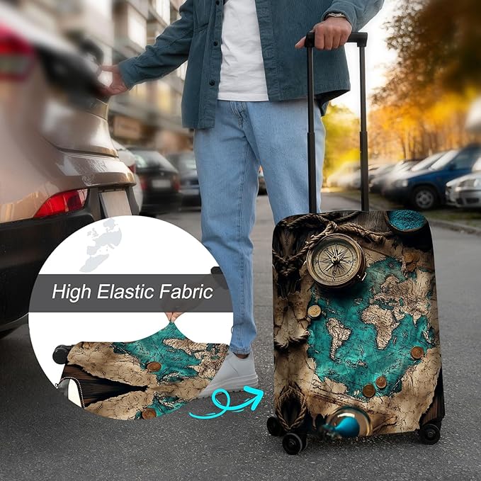 Luggage Cover Protector for 26-28 Inch Suitcases, TSA Approved Elastic Travel Suitcase Covers, Anti-Scratch Washable Luggage Sleeve for Carry On & Checked Bags, Ancient Map