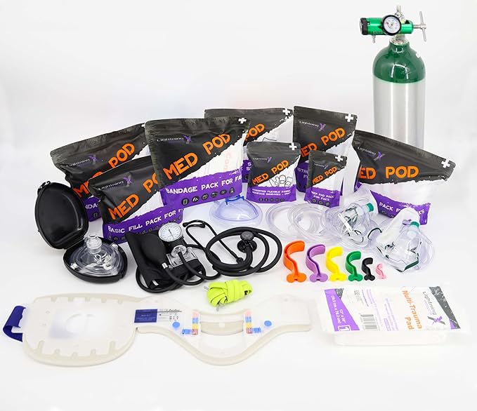 Lightning X Fully Stocked X-Tuff Modular Oxygen Trauma Bag w/Removable Organizer Pouches for EMS/EMT + First Responder - Blue