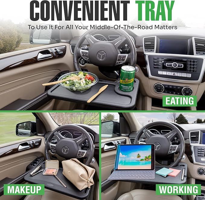 Steering Wheel Desk Tray for Eating, Laptops - Hooks Onto Most Vehicle Steering Wheels, Road Trip Accessory, Car Table