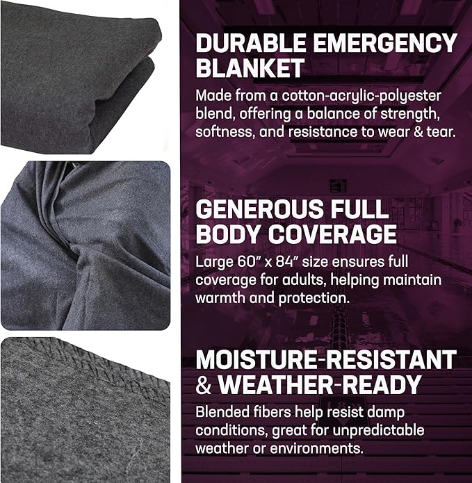 Kemp USA Emergency Relief Blanket Gray 60 x 84 Inch Multipurpose Disaster Preparedness Blanket Cotton Acrylic Polyester Blend Survival Emergency Supply Gear