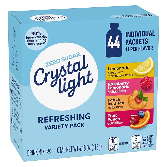 Crystal Light Refreshing Drink Mix Variety Pack, 44 Packets, for Convenient Hydration, Lemonade, Raspberry Lemonade, Peach Iced Tea, Fruit Punch, Natural and Artificial Flavor, Zero Sugar, 4.18 oz