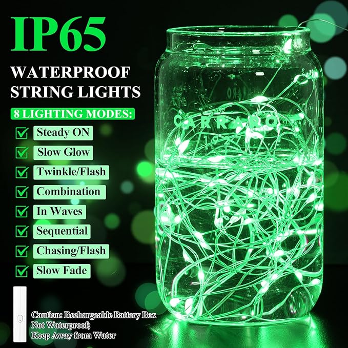 Lakumu Fairy Lights Battery Operated St. Patrick's Day, Rechargeable Copper Wire Battery Powered String Lights with Timer & 8 Modes for Bedroom Christmas Decoration Party Wedding (5M/16FT Green)