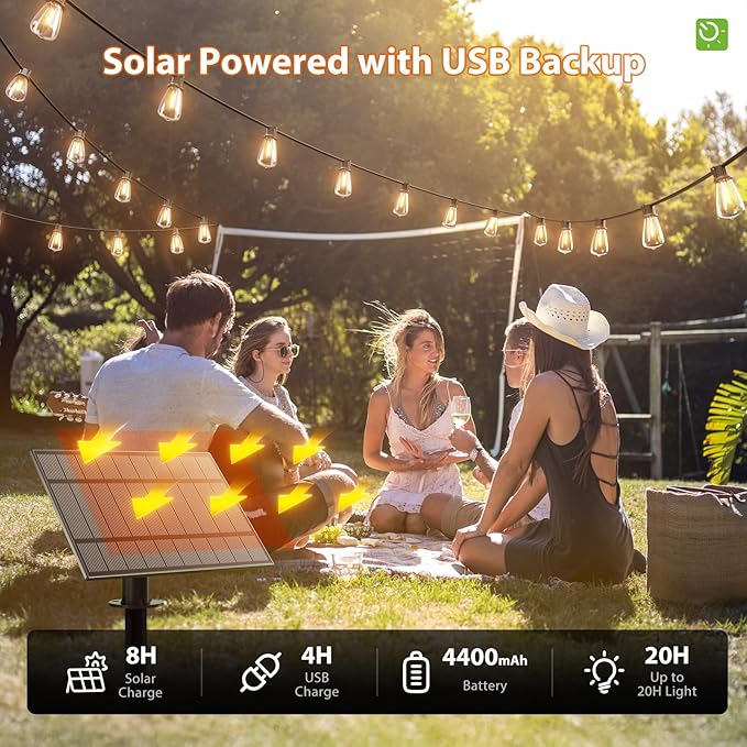 KYY 102FT(96+6) Solar String Lights Outdoor with USB Port Remote Control, LED Waterproof Solar Powered Patio with 32 Sockets, Heavy-Duty and UL Listed Porch Market Lights
