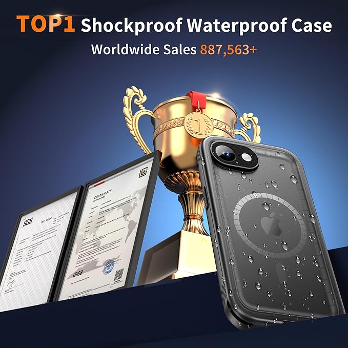 Cozycase TOP Military Shockproof IP68 Waterproof Case for iPhone 16e/iPhone 17e [Compatible with MagSafe] Heavy Duty 360 Full Body with Screen Camera Protector Double Dustproof Hard Tough Cover Black