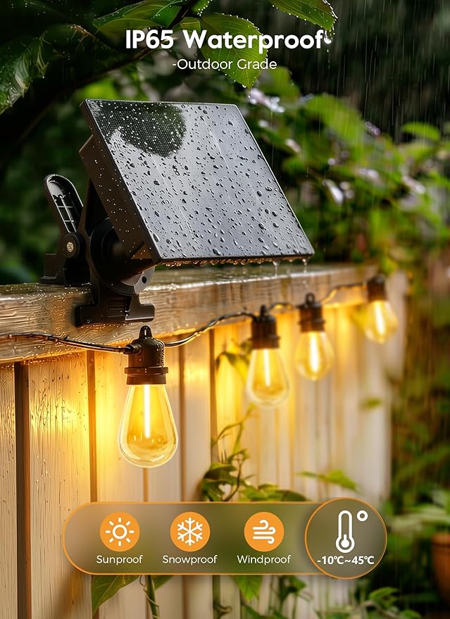 Minetom 34FT Solar String Lights Outdoor Waterproof, 9 LED S14 Shatterproof Bulb, Patio Lights with Remote Type-C Port Timable, 3 Light Modes Dimmable Solar String Lights for Outside, Yard, Camping