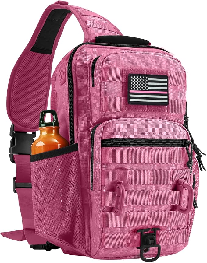 Rover Sling Pack Tactical Shoulder Sling Bag Backpack with Bottle Holder Crossbody Chest Bag, Pink
