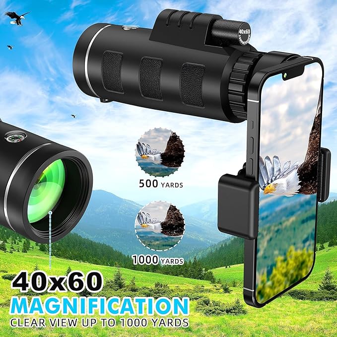 Monocular Telescope 40x60 with Smartphone Adapter, Telescope for Adults High Powered, Monocular for Adults, Compact Low Light Vision for Wildlife, Hunting, Camping, Travel &Outdoor Adventures