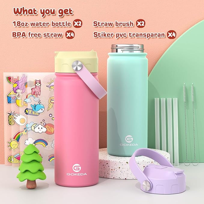 GoKEDA 18oz Kids Water Bottle, 2 Pack Insulated Bottles with Stickers, 18/8 Stainless Steel Vacuum Leak Proof Straw Cup for School, Gifts for Boys Girls(YelloPink+PurpleGreen)