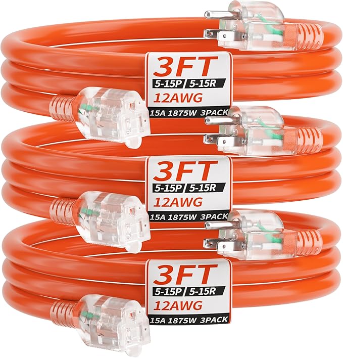 PlugSaf 3 Pack 3FT 12/3 Gauge Outdoor Extension Cord Waterproof with Lighted Indicator, 12 Gauge Heavy Duty 15Amp 1875W, 3 Prong Cords Flexible Copper Orange ETL Listed