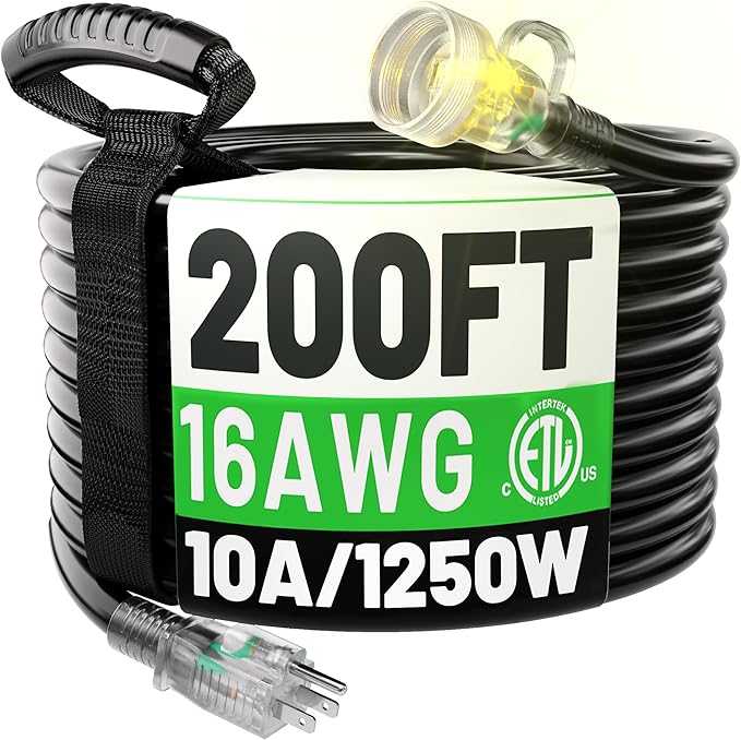 POWGRN 200FT 16 Gauge Black Outdoor Extension Cord Waterproof, 3 Prong Flexible Cold Weatherproof -58℉ Extension Cord, 10 AMP 1250W SJTW, ETL Listed