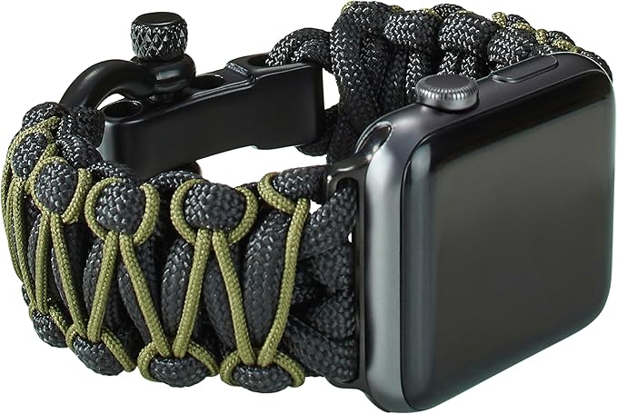 Savior Survival Gear Paracord Watch Band - Compatible with Apple Watch Band 49mm 46mm 45mm 44mm 42mm - iWatch Band Series Ultra 10 9 8 7 6 5 4 3 2 1 SE – Adjustable strap for men (Black-Green, Large)