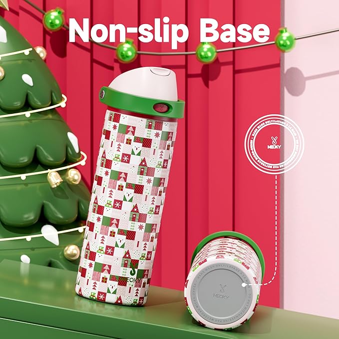 24 oz Insulated Water Bottle for Christmas: Meoky Stainless Steel Xmas Water Bottle with 2-in-1 Straw and Spout Lid - Leak Proof, Fits in Car Cup Holder, BPA-Free for Women Men, Santa Wishes