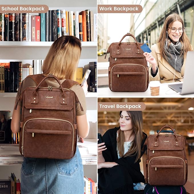LOVEVOOK Leather Laptop Backpack for Women 17 inch, Travel Backpack Purse, Professional College Business Work Bag with USB Port, Red Brown