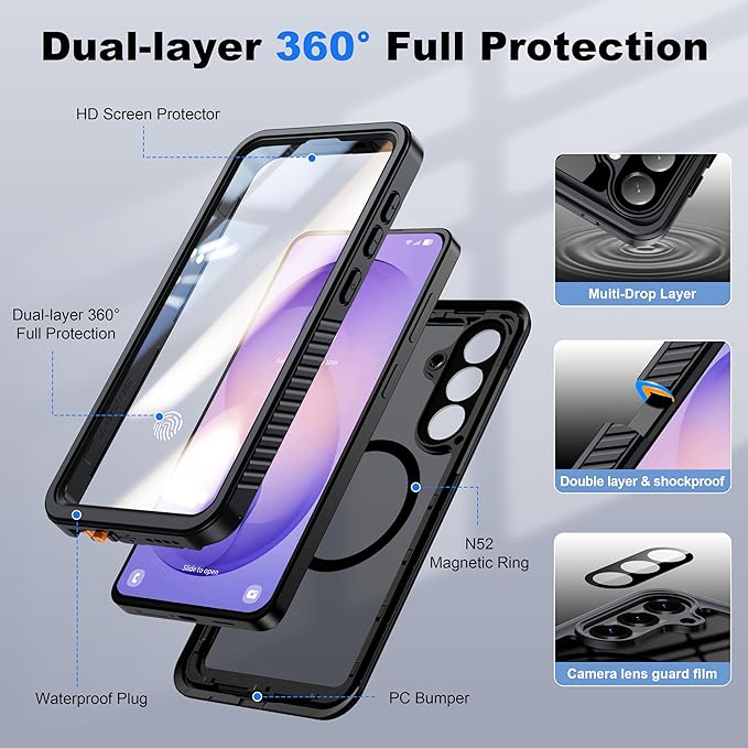 ANTSHARE IP68 Waterproof Case for Samsung Galaxy S26 Plus [2026] - MagSafe Compatible, Built-in Screen/Lens Protector - Shockproof Full Body Protection for Swimming/Outdoor, Black-Translucent Matte
