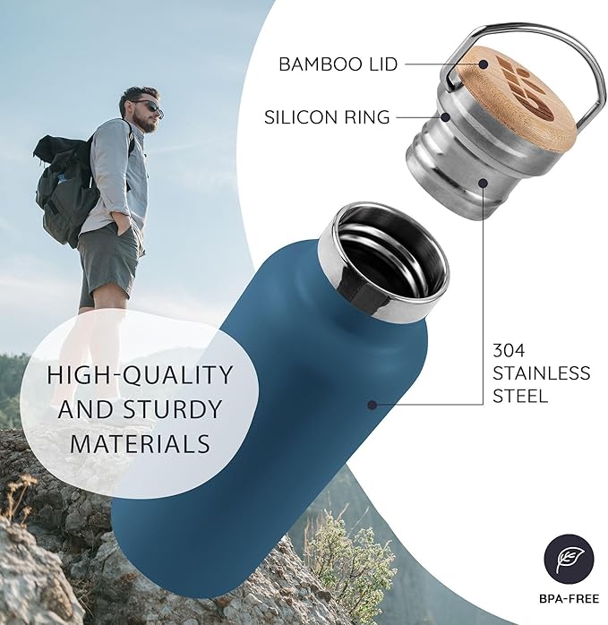 Bambaw Insulated Water Bottle 32 oz, Reusable Water Bottle Stainless Steel, For Hot & Cold Drinks, Wide Mouth for Easy Cleaning, Rust-Resistant & Durable (Aegean Blue)