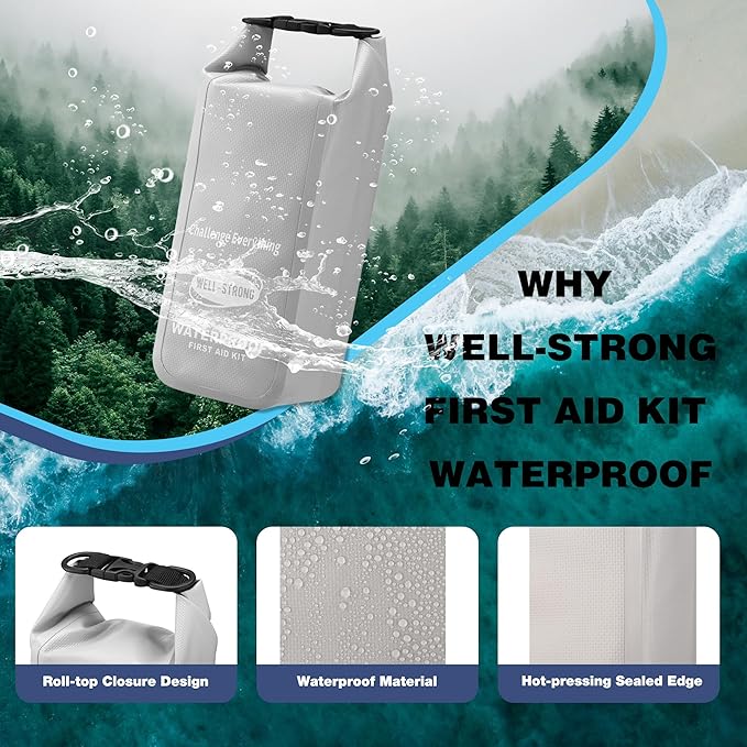 Boat First Aid Kit Waterproof, WELL-STRONG Marine Emergency Kit with Roll Top Dry Bag for Boating Fishing Kayaking – Water-Resistant Contents for Camping & Beach（Light Grey）