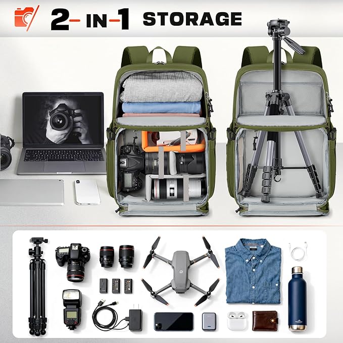 RAINSMORE Camera Bag Backpack for DSLR/SLR/Mirrorless Camera Bags for Photographers 15.6 Inch Waterproof Tactical Photography Backpack Case with Rain Cover & Tripod Holder, Army green