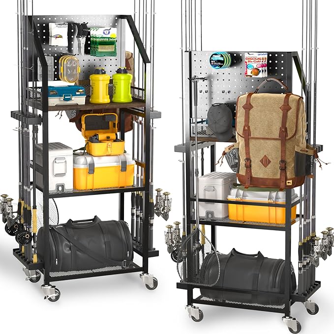 SOYEEZE Fishing Rod Holders for Garage with Pegboard and Lockable Wheels, 3-Tier Fishing Pole Rack with 10 Hooks, Fishing Gear Tackle Box Organizer Up to 12 Rods, Rolling Fishing Storage Cart