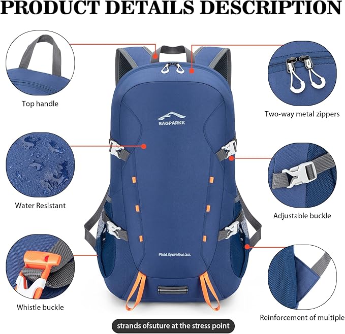 BAGPARKK Hiking Backpack,Large 35L Travel Backpacks for Men Women,Water Resistant Ultra Lightweight Foldable Packable Camping Daypack for Outdoor Sports