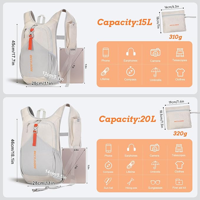 BECOJADDE 15L Small Hiking Backpack for Men Women Foldable Packable Back Pack Ultralight Hiking Daypack for Travel Camping Outdoor, Beige