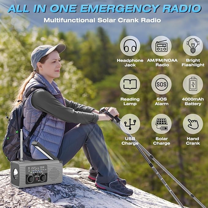 NITIGO Emergency Radio 4000mAh Solar Hand Crank AM/FM/NOAA Portable Weather Radio with Phone Charger, LED Flashlight, Reading Lamp, SOS Alarm, Headphone Jack for Indoor Outdoor Emergency, USB Charged