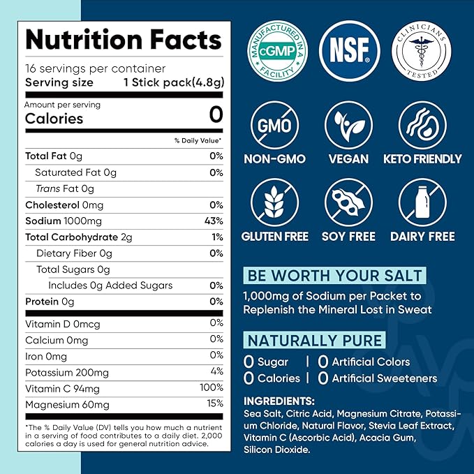 Venture Pal High Sodium Sugar Free Electrolytes Powder Packet - Hydration Packets with Vitamin, Sodium & Potassium | Zero Calories | Vegan, Keto & Paleo Friendly Electrolyte Drink Mix - 16 Sticks