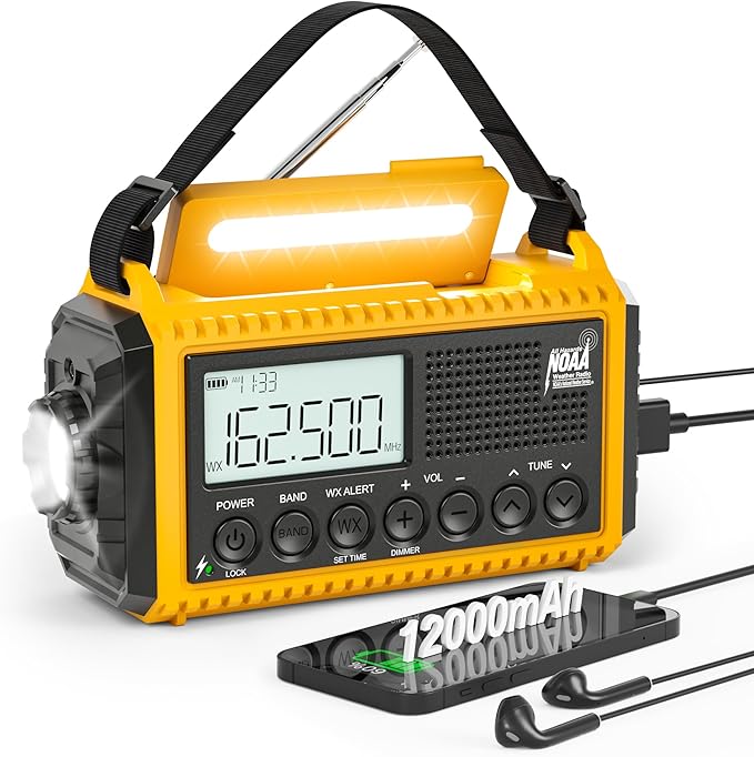 Eoxsmile Emergency Radio 12000mAh with NOAA Weather Alert - Solar/Crank/Battery Powered AM/FM/Shortwave Radio, USB-C Charger, Portable SOS Flashlight for Hurricane, Power Outage, Camping Survival Gear