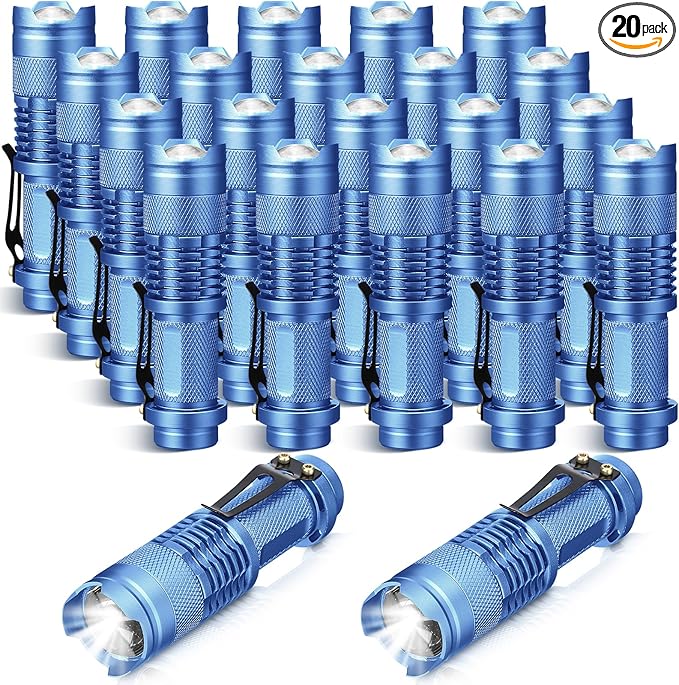 Fumete 20 Pieces LED Flashlight Mini 3 Mode Tactical Torch Small Water Resistant Pocket Flash Light Adjustable Focus Light Pen for Men, Father, Indoor Outdoor Hiking (Blue)
