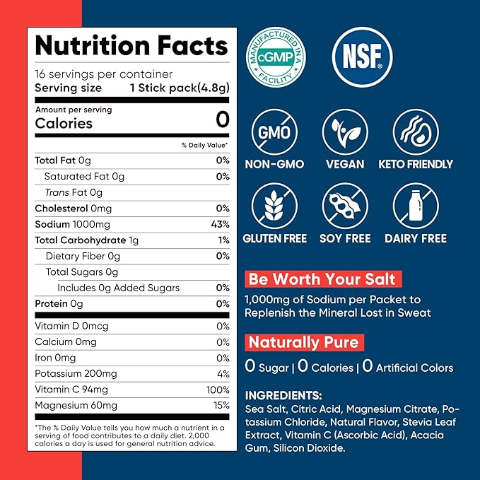 Venture Pal High Sodium Sugar-Free Electrolyte Powder Packets - Hydration Packets with Sodium, Potassium & Magnesium | Zero Calories | Vegan, Keto, and Paleo Friendly | 30 Sticks