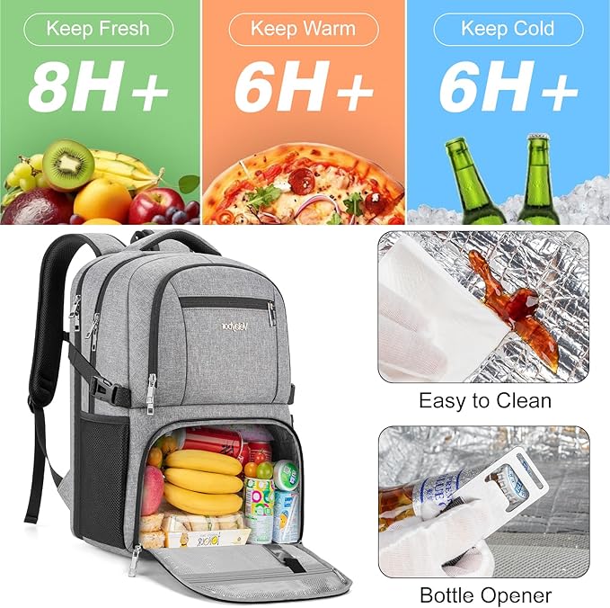 Insulated Lunch Backpack Fit 17" Laptop, Work Backpack with Lunch Box & USB Charging Port for Men & Women, Water Resistant College Computer Bag for Travel, Business, Hiking (Gray)