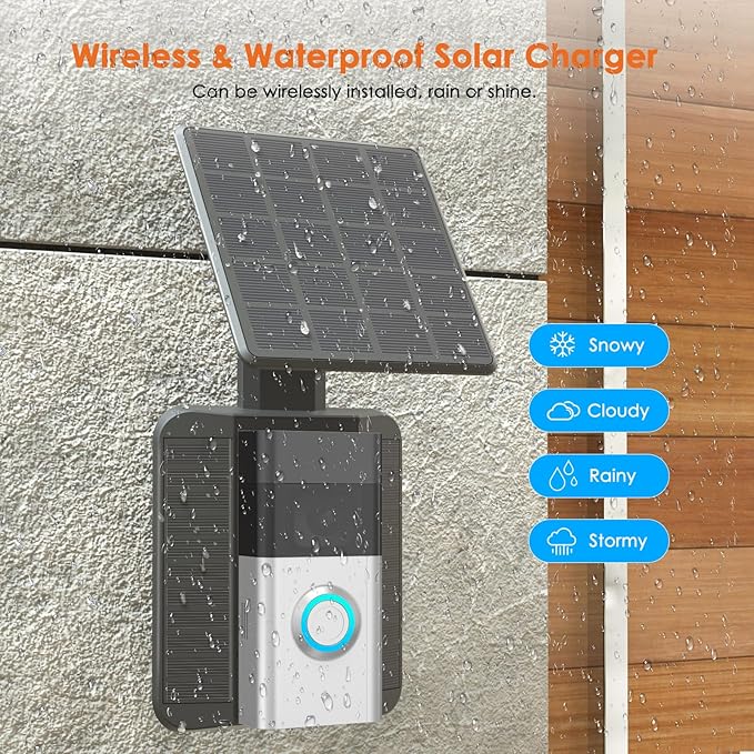 Doorbell Solar Charger Compatible for Ring Video Doorbell 3/3 Plus/4/Battery Doorbell Plus/Battery Doorbell Pro(2-Prong Port), QIBOX 2.9W Adjustable Efficient Solar Panel Mount for Doorbell Camera