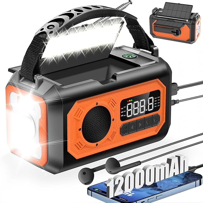 44400mWh/12000mAh Emergency Weather Radio, Hand Crank Radio Solar Radio Portable AM/FM/NOAA Radio with 2 Solar Panels 3 Charging Methods SOS Alarm 3 Mode Flashlight Phone Charger Compass Reading Lamp