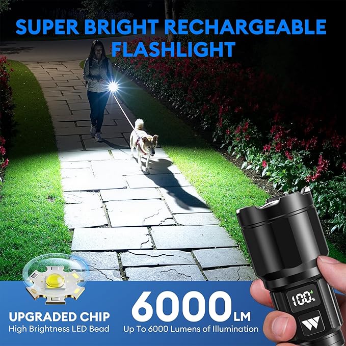 3 Pack Rechargeable Flashlights High Lumens, Super Bright LED Tactical Flashlight with LCD Power Display, Zoomable Flashlights 15H+ Runtime, IP65 Waterproof Flashlights for Home Emergency Camping