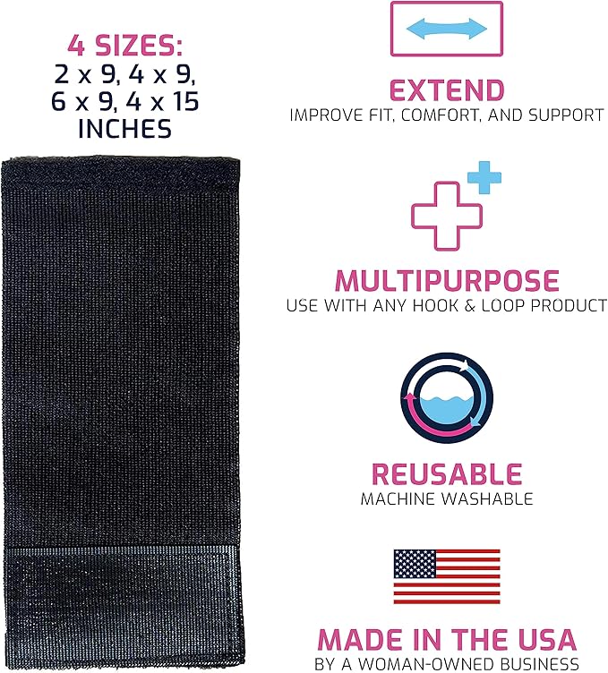 Extender Strap - Multipurpose Elastic Hook and Loop Extension for Ice Packs, Ice Belts, Back/Knee/Ankle Braces, Vests, Wraps, and Belts - Made in USA (6 x 9 Inches)
