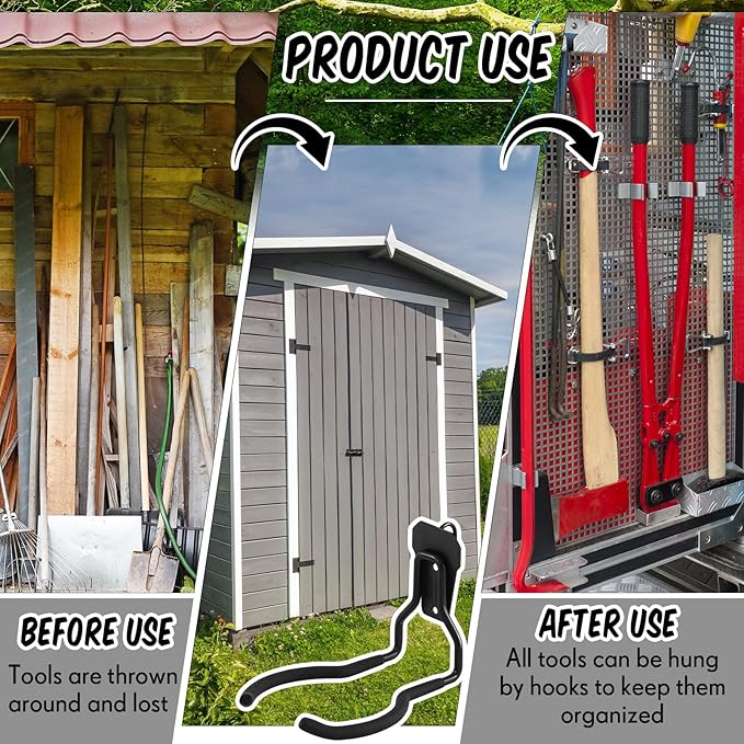 MorningRo 2 Pack Shed Accessories Multi Purpose Shed Hooks Metal Power Tool Holder for Large or Small Tools or Shovels, Black (Arched Shape)
