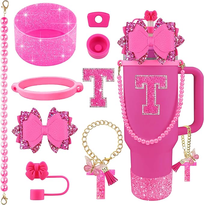 9PCS Hot Pink for Stanley Cup Accessories Set Bling Initials Bow Charms for Stanley Decorations 30/40 Oz Tumbler Accessories Including Bow Straw Topper, Handle Strap, Spill Stopper（Letter T）