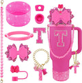 9PCS Hot Pink for Stanley Cup Accessories Set Bling Initials Bow Charms for Stanley Decorations 30/40 Oz Tumbler Accessories Including Bow Straw Topper, Handle Strap, Spill Stopper（Letter T）