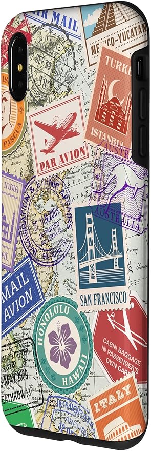 World Map Travel Passport Stamps Postage Stamp Case for iPhone Xs Max