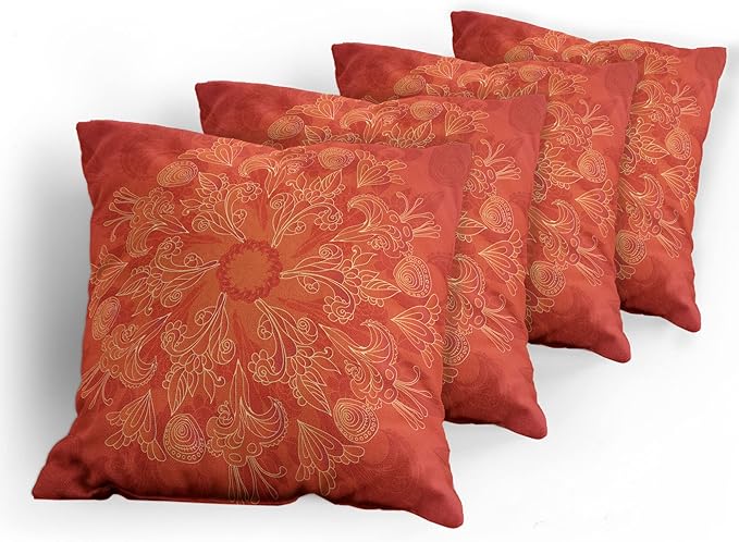Ambesonne Red Mandala Throw Pillow Cushion Case Pack of 4, Vibrant Colored Doodle Style Nature Romantic Abstract Bouquet Art, Modern Accent Double-Sided Digital Printing, 20", Scarlet Orange