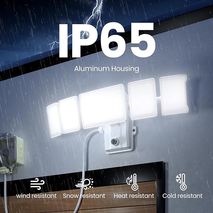 Olafus 120W Plug in Flood Lights Dusk to Dawn LED Outdoor Light with Remote, 5 Adjustable Heads IP65 Waterproof LED Security Light with Photocell for Yard Garden Porch White