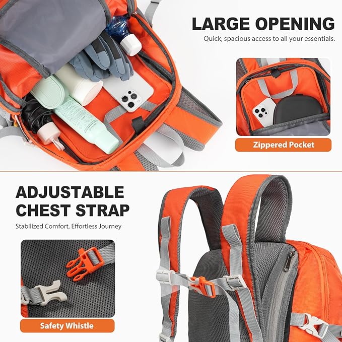 20L Hiking Backpack Lightweight Packable Hiking Daypack, Foldable Small Travel Outdoor Camping Shoulder Bag with Wet Dry Separation (Orange Red)