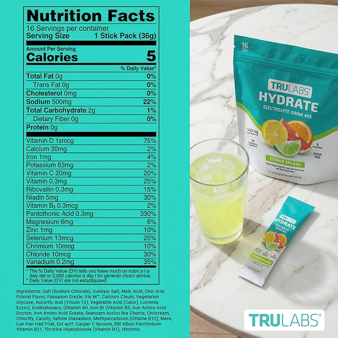 TRULABS Hydrate Electrolyte Drink Mix – Citrus Splash Flavor, Sugar-Free Hydration Packets with 1422 mg Electrolytes & 19 Vitamins & Minerals, Monk Fruit Sweetened, On-the-Go Sticks (16 Count)