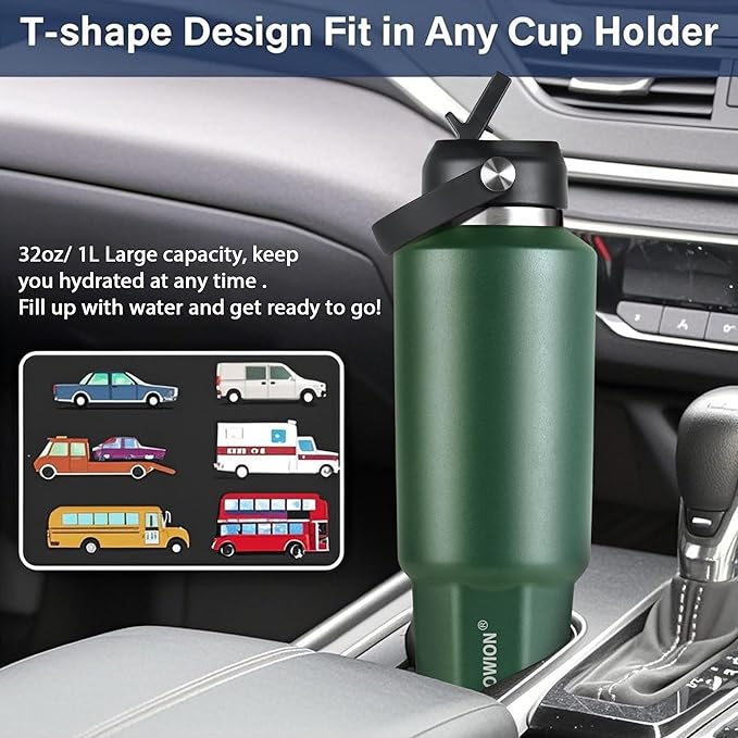 HYDROWION 40 oz Insulated Water Bottle, Car Water Bottle Holder - Double Wall Vacuum Insulated Travel Bottle with Straw Lid, Spout Lid and Flex Cap - Cold for 24H, Hot for 12H, Olive