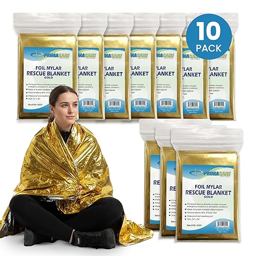 Primacare FB-6831 Emergency Mylar Thermal Blankets – 10 Pack, 62" x 82", Gold – Reflective, Waterproof, Retains 90% Body Heat – for Survival, First Aid, Outdoors, Camping, EMS
