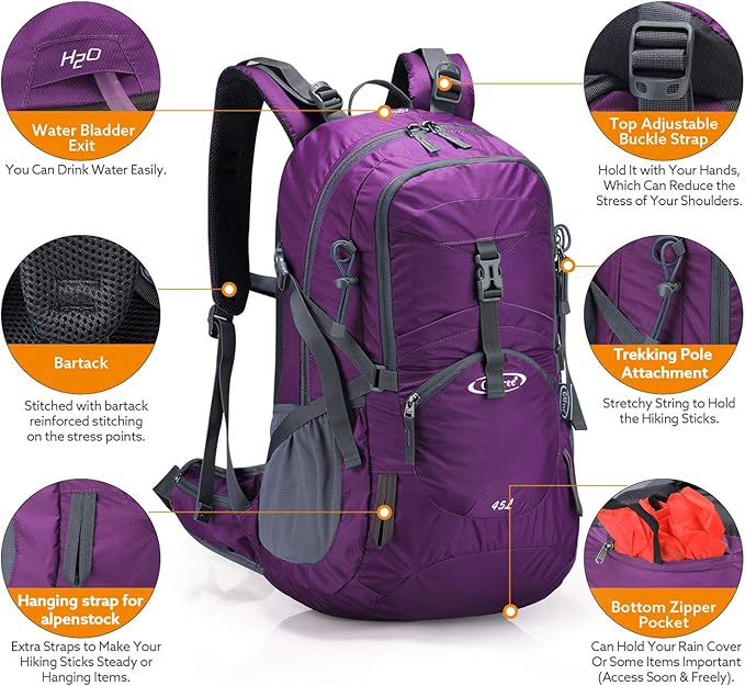 G4Free 45L Hiking Backpacks with Rain Cover Waterproof Trekking Backpack Travel Backpack Outdoor Camping Mountaineering Hiking for Men Women