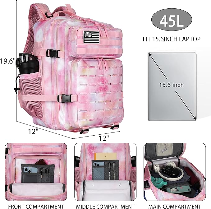 Military Tactical Backpack 45L/25L 3 Day Assault Pack Molle Daypack Hiking Backpack for Men and Women (Pink StarrySky, 45L)