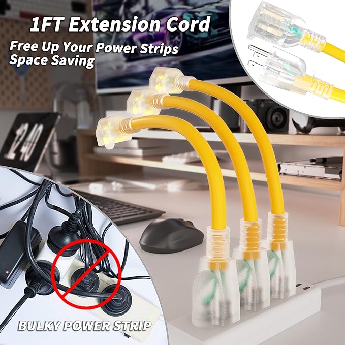 PlugSaf 12/3 Gauge Yellow Indoor Outdoor Extension Cord 1FT (3 Pack) with Lighted Indicator,3 Prong SJTW Heavy Duty Extension Cable with 3 Prong Grounded Plug for Safety,ETL Listed