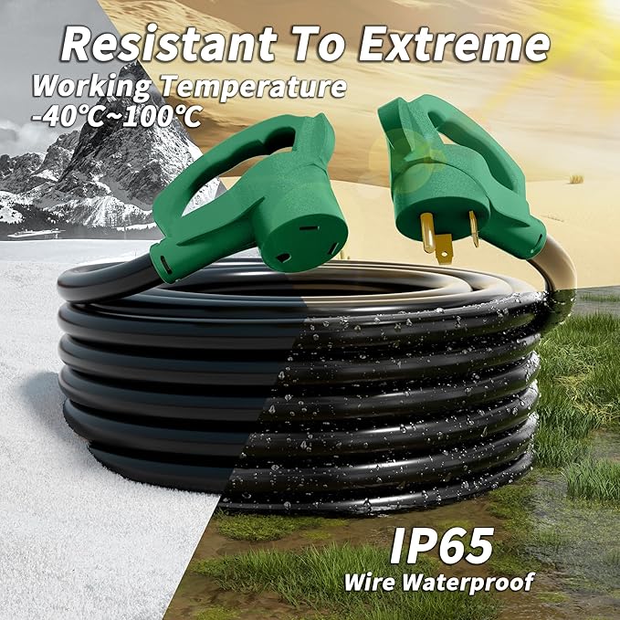 PlugSaf 100 FT 30 Amp RV Extension Cord Outdoor with Grip Handle, Flexible Heavy Duty 10/3 Gauge STW RV Power Cord Waterproof with Cable Organizer, NEMA TT-30P to TT-30R, Black-Green, ETL Listed